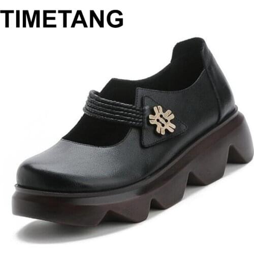 TIMETANGNew high cowhide high heels women shoes elegant comfort thick non-slip bottom wedges genuine leather shoes women fashion