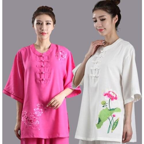 Women Traditional Chinese Cotton Linen Embroider Long Sleeve Wushu TaiChi KungFu Uniform Suit Uniforms Tai Chi Exercise Clothing