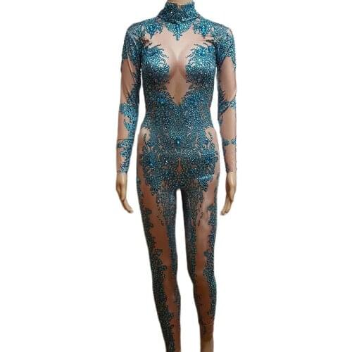 Blue Pattern Printing Sparkling Rhinestones Jumpsuits Women Backless Performance Costume Ladies Nightclub Dance Show Wear
