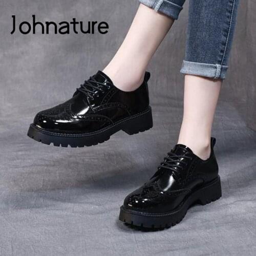 Johnature Genuine Leather Pumps Women Shoes 2021 New Spring/Autumn Lace-Up Round Toe Casual Handmade Sewing Concise Ladies Shoes