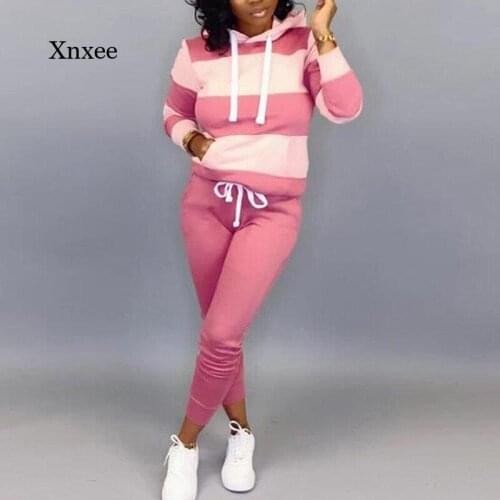 2020 Spring Autumn 2 Piece Sweat Set Hoodies Sweatshirt Harem Pants Casual Sports Suit For Women Striped Tracksuit Joggers Suits