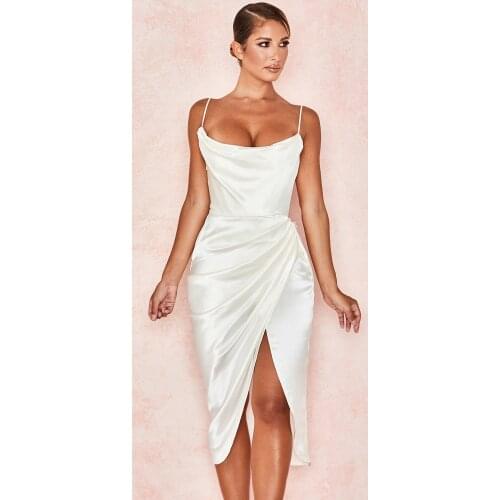 2021 Women Sexy Spaghetti Strap Bodycon Club Satin Dress Femme Vintage Vestios Elegant Summer Party Dress Split French Vestidos