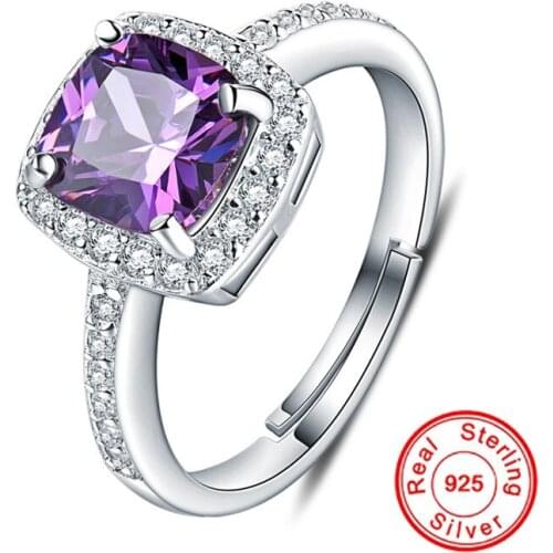 Real S925 Sterling Silver Plating Amethyst Ring For Women Open Adjustable AAA Zircon Finger Ring Wedding Engagement Fine Jewelry