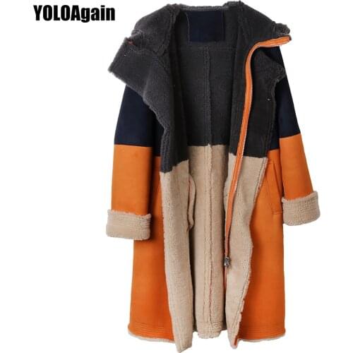 YOLOAgain winter warm women hooded long suede leather coat ladies lamb fur shearling coat