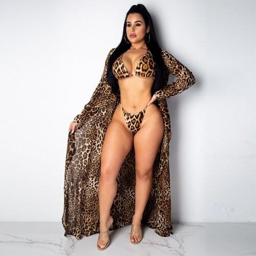 Bikini 3PCS Summer Swimwear Women Leopard Print Bikini Beach Wear High Cut Thong Bikini Set Swimsuit Cover Up Candigan Bathing