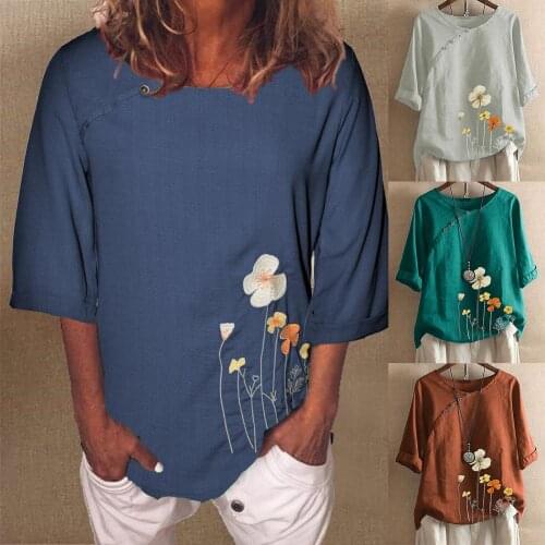 Cotton Embroidery Blouse Summer Shirts For Women Plus Size Vintage Clothes Ladies Top O Neck Loose Casual Purplish Blue