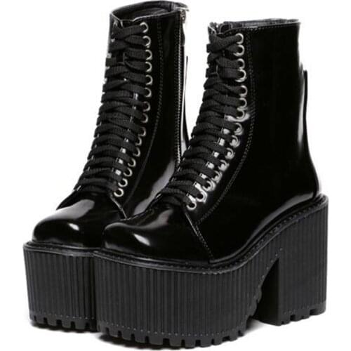 Fashion Ankle Boots For Women Platform Shoes Punk Gothic Style Rubber Sole Lace Up Black Spring Autumn Chunky Boots Woman