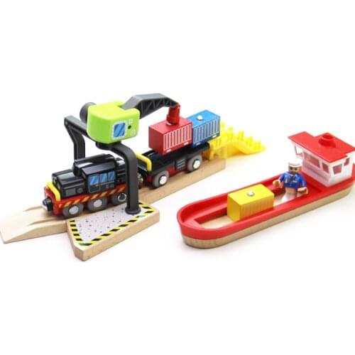 Wooden dock loading crane cargo ship scene Suitable for train brio track children track series toy accessories
