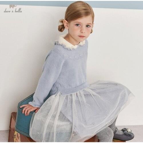DKY20150 dave bella winter girls fashion letter soild print draped dress children sweet dress kids infant lolita clothes