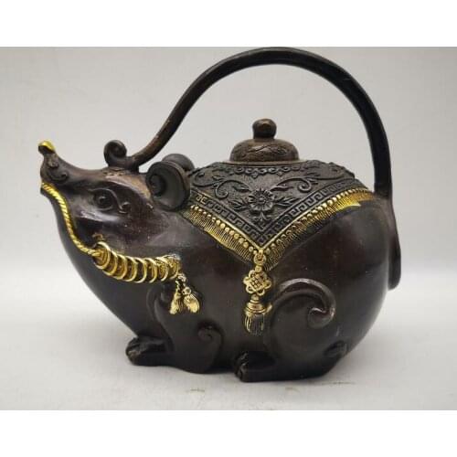 Collect Old Chinese Bronze Copper Gilding Mouse Wine Tea Pot Flagon Teapot Stoup Statue