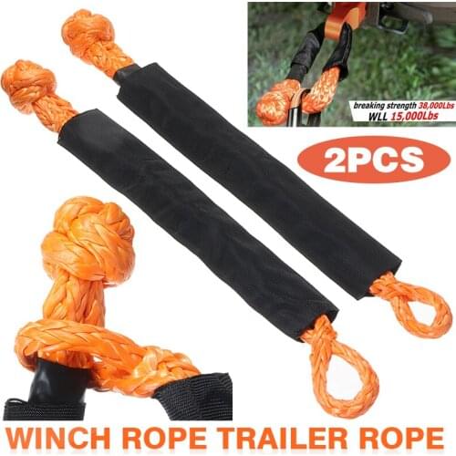 2pc 7.5 Ton 38000 Lbs Orange Synthetic Fiber Soft Shackle Car Flexible Winch Rope Towing Recovery Straps Yellow Nylon Cable Tool