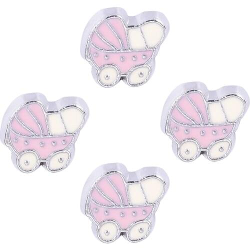F256 Pink Color Enamel Baby Carriage Charms For Glass Living Memory Locket 7*8mm