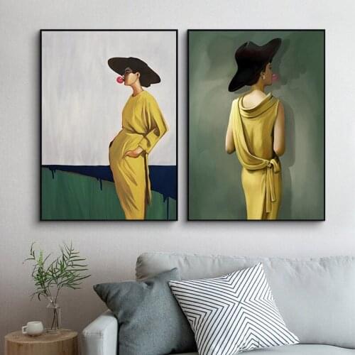 Fashion Woman Lady Modern Yellow Dress Green Background Canvas Painting Wall Art Picture Poster Print for Living Room Home Decor