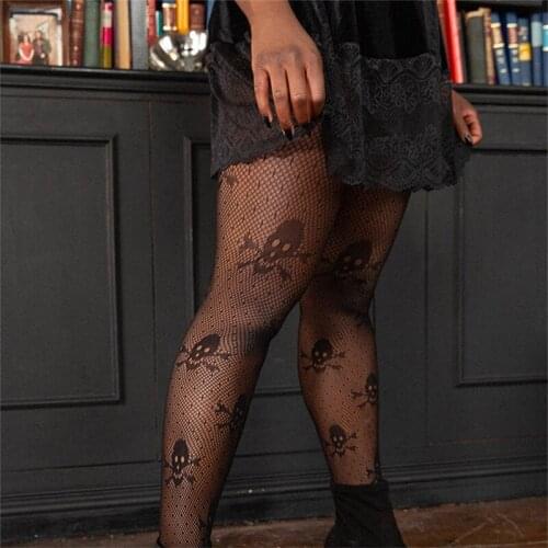 NEW Hot Selling Women Sexy Hollow Sheer Fishnet Pantyhose Halloween Costume Skull Jacquard Tights Gothic Punk Black Stockings