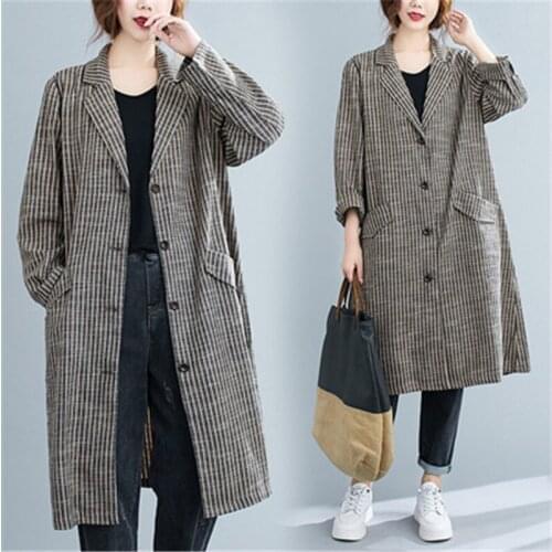 2021 Autumn Fashion New Mid-Length Suit Collar Long-Sleeved Retro Striped Cotton And Linen Loose Windbreaker Jacket Female Trend
