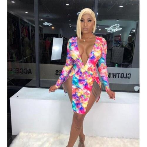 Adogirl Tie Dye Print Women Dress 2020 Spring Sexy Deep V Neck Long Sleeve High Slit Bodycon Mini Dresses Female Clothes