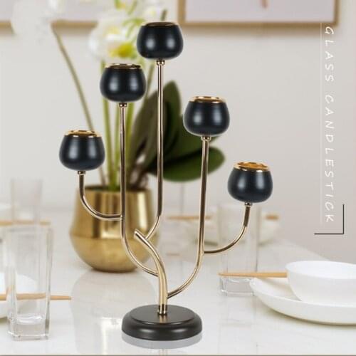 IMUWEN Candle Holder 5-arms Shiny Gold Plated Candelabra Romantic Black Candle Stand Luxury Craft Metal For Wedding Events Party