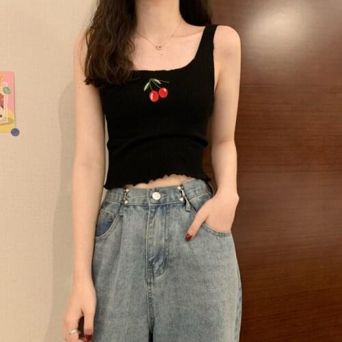 Casual Crop Top Women Summer 2021 Korean Style Cute Cherry Embroidery Slim Fit Cropped Tank Top Knit Sleeveless Top T610