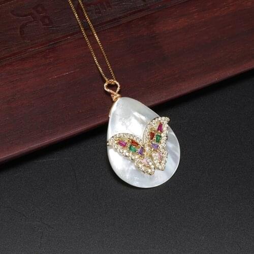 Rainbow Micro Pave CZ Cubic Zirconia Paved Crescent Butterfly Charm Natural Water Drop Tear Drop Shell Pendant Necklace Women