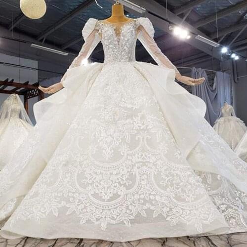 Luxurious Sexy V-neck Crystal Beading Sequined Wedding Dress 2021 For Woman Lace Up Back Long Sleeve Wedding Dresses