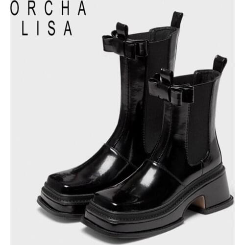 ORCHALISA Patent Leather Gothic Black Boots Bow-knot Women Heel Sexy Chunky Heel Platform Boots Mid calf boots Female Elastic