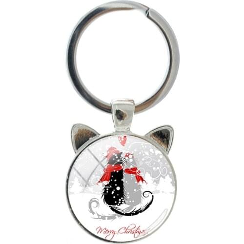 TAFREE Christmas Cat Shape Novelty Handmade Silver-plated Cat Ear Keychain Men And Women Accessories Pendant