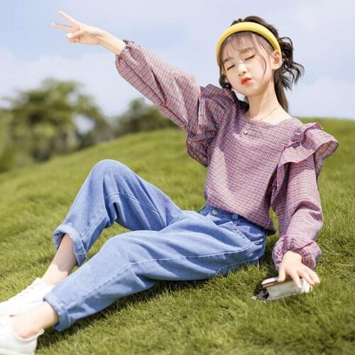 Spring And Autumn Girls' Casual Suit Lace Long Sleeve Plaid Pullover + Denim Pants Girls Fashion Suit 6 7 8 9 10 11 12 Years Old