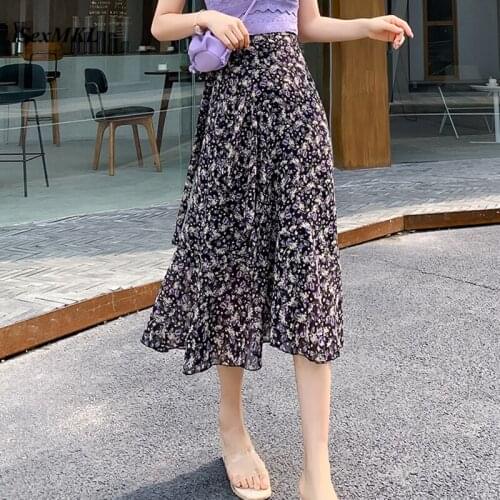Summer Bohemian Long Skirts Womens 2021 Vintage High Waist Chiffon Floral Print Maxi Skirt Korean Elegant Sexy Y2k Wrap Skirt