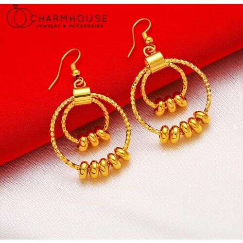 Yellow Gold GP Earrings Set For Women Round Circles Bead Long Tassel Earing Brincos Femme Pendientes Mujer Trendy Jewelry