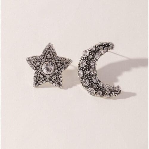 Vintage Silver Color Asymmetry Star Moon Stud Earrings for Women Korean Minimalist Rhinestone Earrings Jewelry Accessories