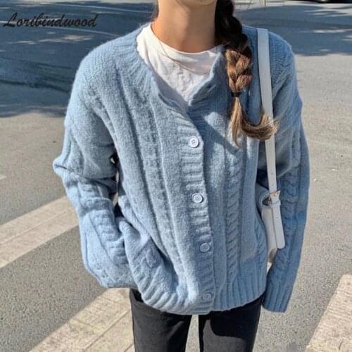 Loribindwood Blue Jacket Womens Spring and Autumn Retro Gentle Wind Sweater Cardigan Sweater Loose Outer Wear 2021 New Style