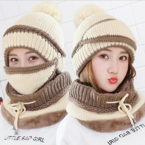 2021 New 3 Pieces Set Womens Knitted Hat Scarf Caps Neck Warm Winter Hat For Ladies Girls Warm Breathable Fleece Lined Ski Caps