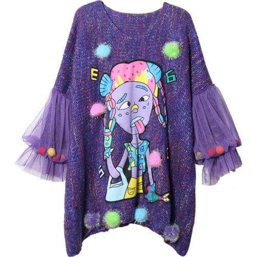 New winter autumn women purple cartoon clown printing sexy v-neck loose pullover tops street Lace trumpet sleeves Sweatshirts