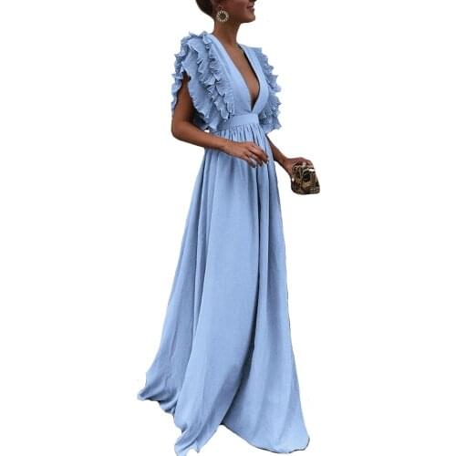 2021 Summer Maxi Dress Elegant Women Bodycon Ruffles Petal Sleeve Party Sexy Fashion Deep V-neck Backless Long Dresses Vestidos