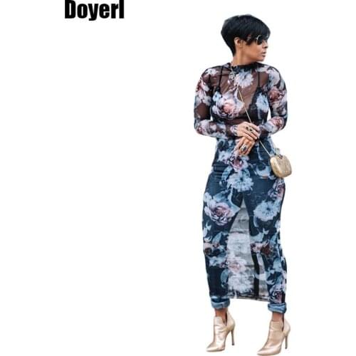 Floral Printed Sexy Sheer Mesh Bodycon Dress Women Autumn Crew Neck Long Sleeve See Through Dress Fashion Sexy Party Dresses
