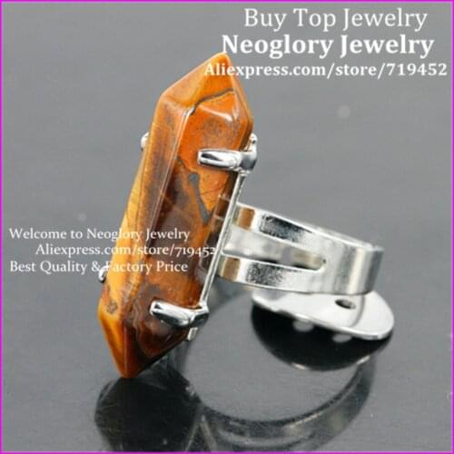 10PCS Natural Tiger Eyes Adjustable Finger Rings Gems Stone Hexagonal Point Reiki Chakra Bead Ring Unisex Silver Plated