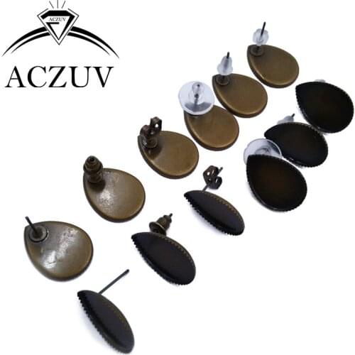 Antique Bronze 200pcs 10x14mm 13x18mm 18x25mm Tear Drop Bezel Blank Earring Base Cameo Setting Earring Post with Stopper EZ-002
