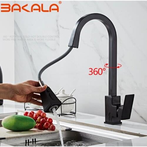 BAKALA Pull Out Kitchen Faucets Sink Faucet Brass Square Bathroom Kitchen Sink Mixers Hot and Cold Water Tap Deck Mounted