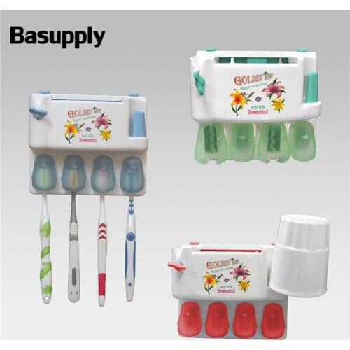 Basupply 1Pc 2018 Good Toothpaste Dispenser Plastic Suction 4 Toothbrush Holder Wall Mount Stand Rack Home Bathroom Accessories