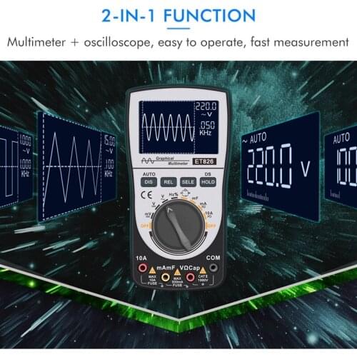 ET826 Digital Oscilloscope Multimeter Current Voltage Frequency Tester Analog Bar Graph Data Waveform Display 20KHZ Bandwidth
