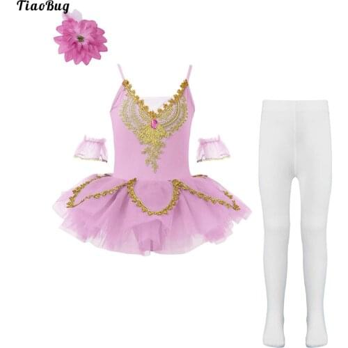 Kids Girls Ballet Dance Performance Costume Sleeveless Strap Tutu Dress With Stretchy Stocking And Flower Hairpin Mesh Bracelet