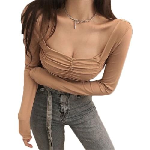 Square Collar Sexy Top Spring Women Bottoming Shirt Female Date Summer Slim Long-sleeved T-shirt Dropshipping NS2478