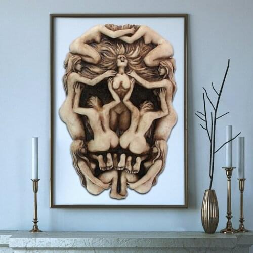 Gothic Death Skull Mural Nude Woman Embossed 3D Antique Bone Finish Victorian-Style Halloween Skeleton Head Human Skull Statue