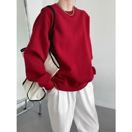 HXJJP 2021 New Autumn Wine Red Oversize Sweatshirts Womens Korean O-Neck Loose Bf Long Sleeve Pullovers Tops