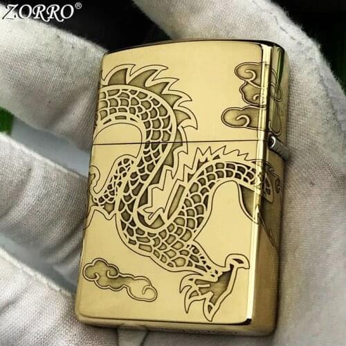 Pure Copper Kerosene Lighter Original ZORRO Fine Carving Surround Dragon Pattern Gasoline Lighter Outside Tool Men Gift