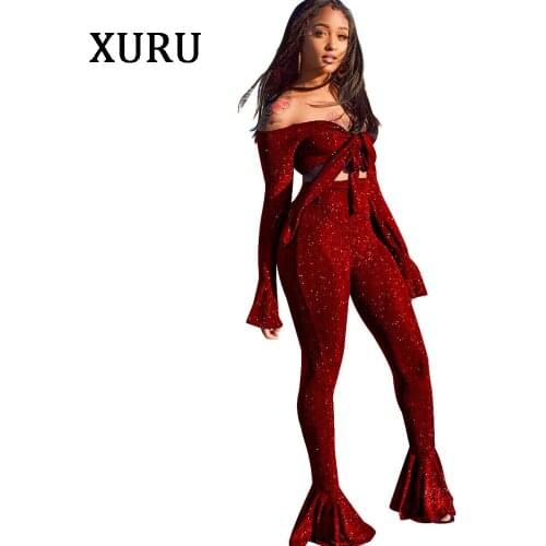 XURU Boot Cut Pants Jumpsuits For Women Two Piece Set Sexy Bow Flash Jumpsuit Off Shoulder Long Sleeve Bodycon Jumpsuits