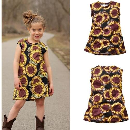 Baby Girls Summer Dress 2021 for 12M-5Years Beach Party Dress Princess Cotton Dress Sunflower Print Elasticity A-Line Dress