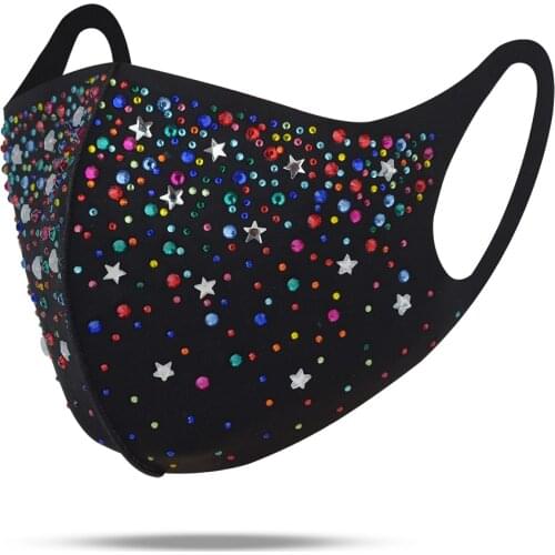 Fashion Woman Multicolor Bling Rhinestones Facemask Reusable Washed Pure Cotton Fabric Masque Halloween Cosplay Party Decoration