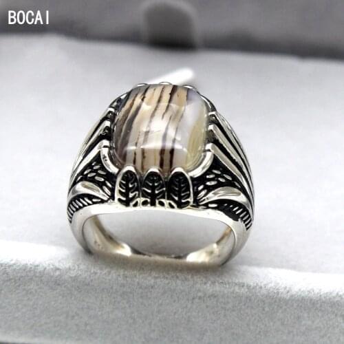 BOCAI New 100% Real S925 Silver Oval Agate Retro Personality Middle Eastern Style 2021 Trendy Mens Ring