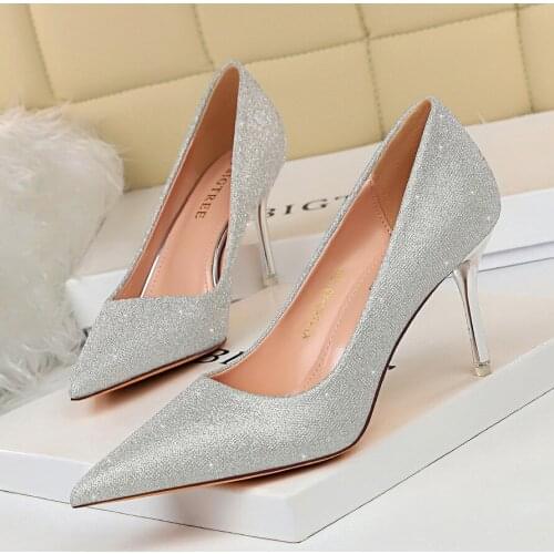 New Shiny Sequins Pointed Toe Heels Women Pumps High Quality Fashion Elegant Ladies Dress Shoes For Wedding Party